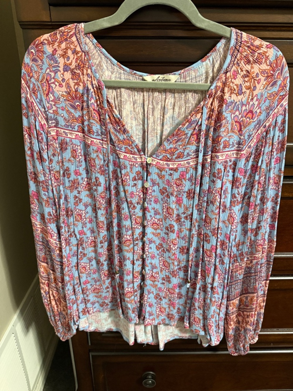 Arnhem Floral Peasant Blouse in Light Blue and Coral Pink